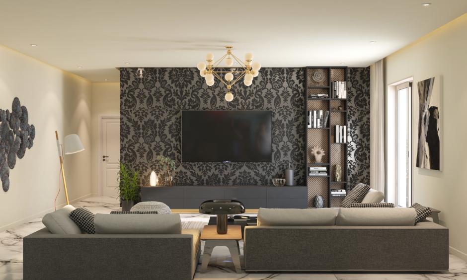Stylish living room featuring black and white floral wallpaper, grey sofas, and built-in shelving.