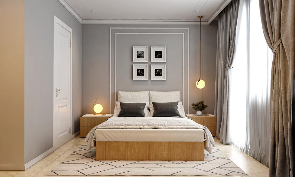 Classic interior with symmetrical layouts, natural materials, and soft, neutral tones.
