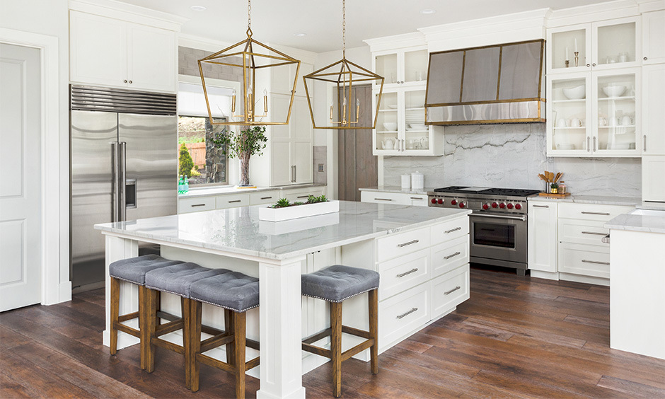 Kitchen island with built-in storage and extended dining counter