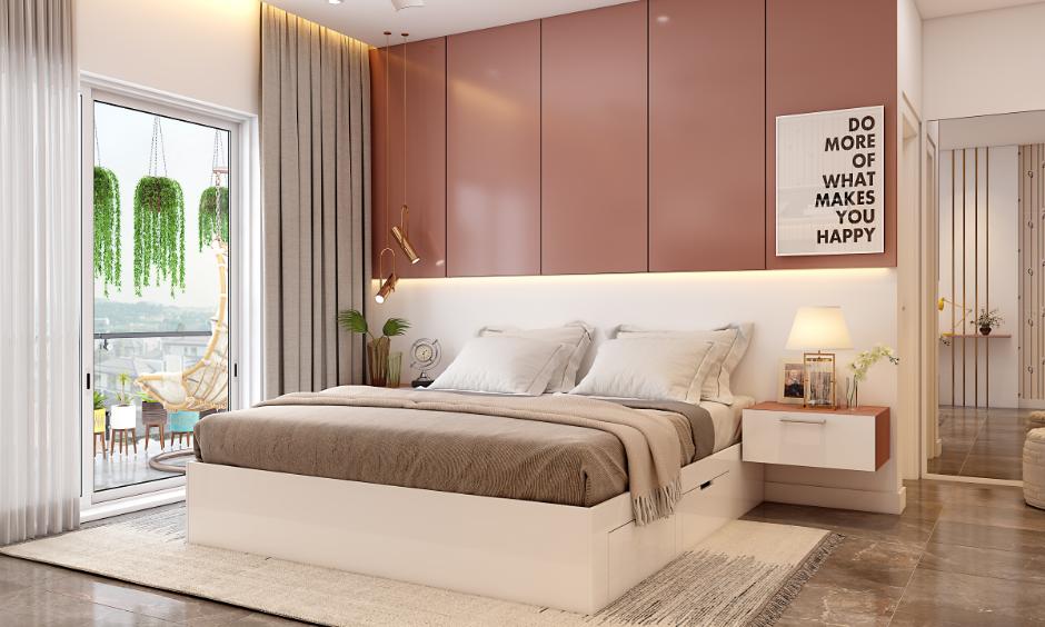 Calming lavender master bedroom with soft lighting and minimalist furniture for a peaceful romantic atmosphere