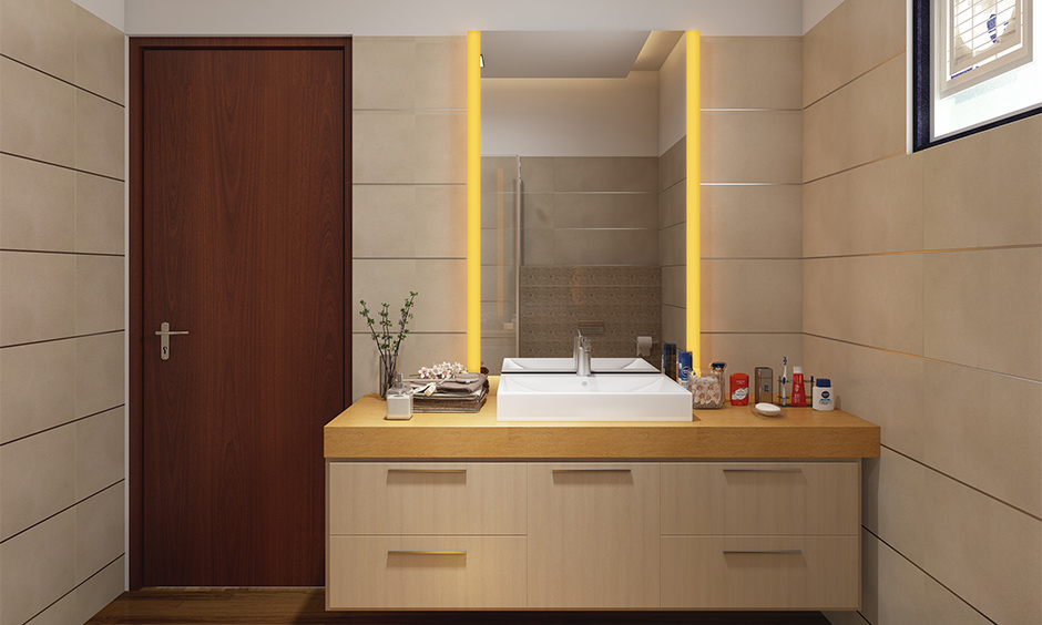 Floating wood vanity with drawers and mirror brings rustic warmth to modern bathroom.