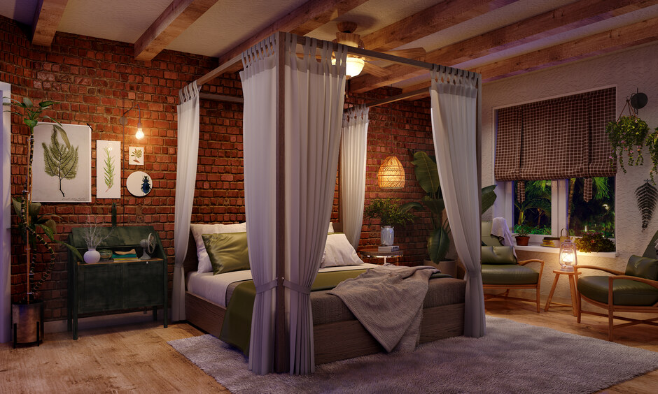 Traditional bed design featuring a solid teak four-poster bed with a canopy and fairy lights.