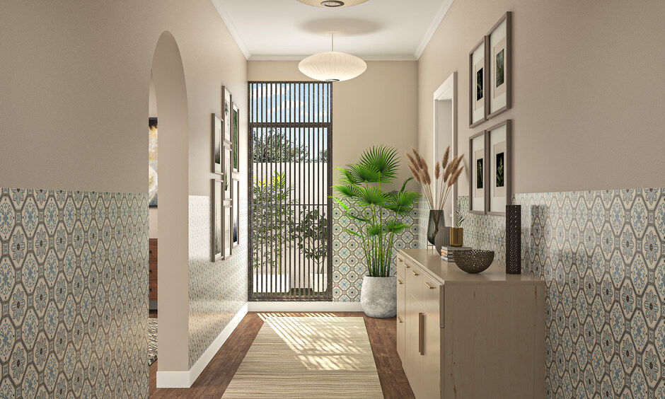 Contemporary hallway with textured dado tiles adding visual interest
