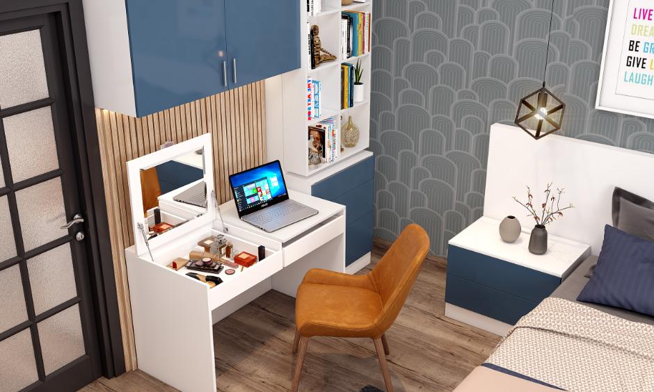 Home decor idea for small bedroom emphasises space-saving modular furniture for optimal use.