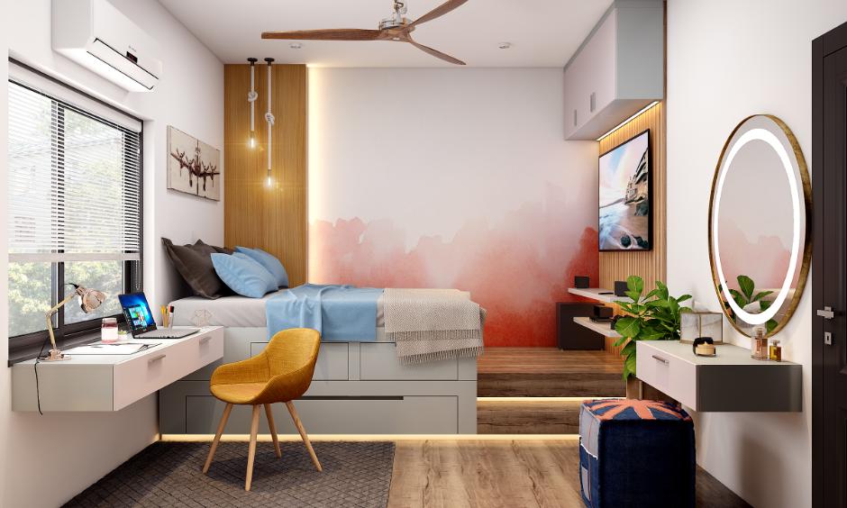 Interior decoration idea for small bedroom uses light, neutral colours for a spacious, airy effect.
