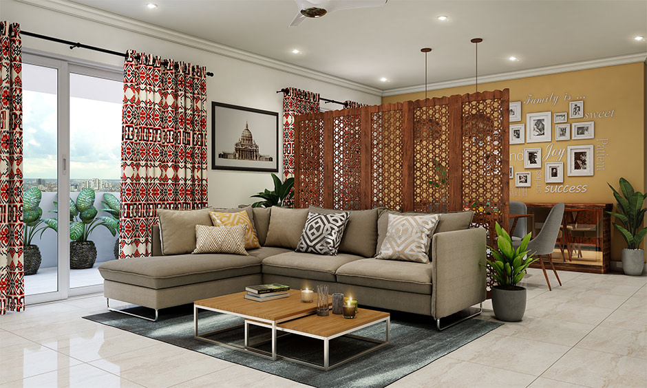 Intricate jaali partitions add a unique traditional touch to modern Indian home interiors.