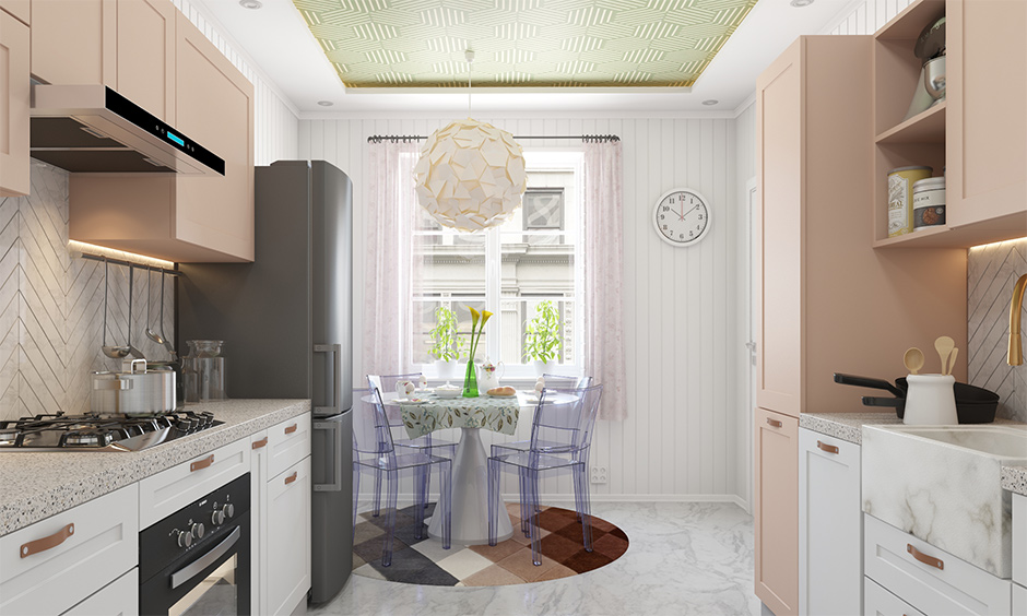 Latest kitchen POP design with a soft green ceiling balances darker cabinets and off-white flooring.