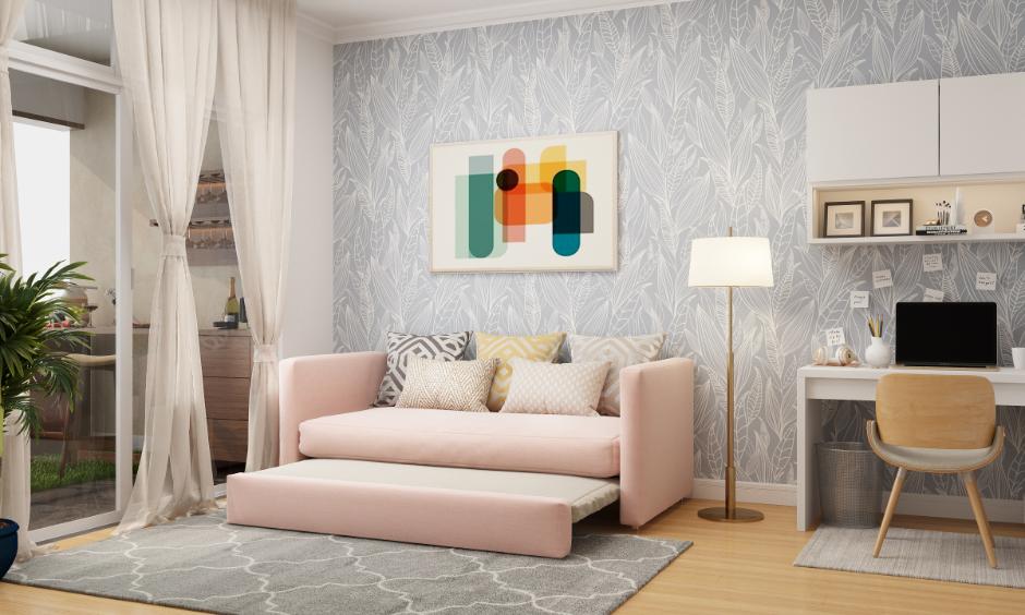 Linear floral wallpaper in soft tones adds subtle elegance to modern living spaces.