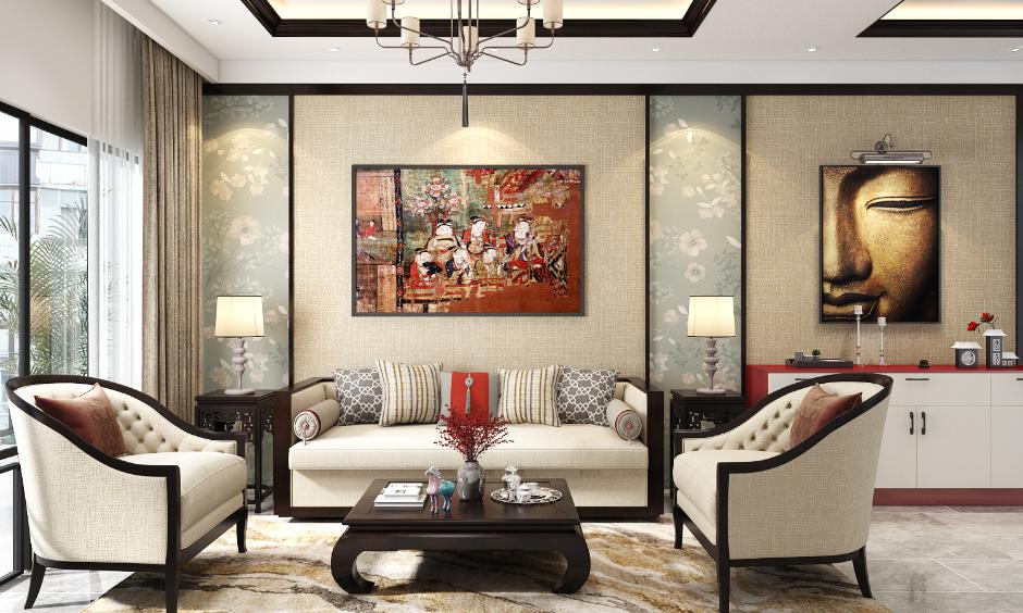 Modern living room featuring minimal floral wallpaper design paired with beige wall panels and neutral furniture.