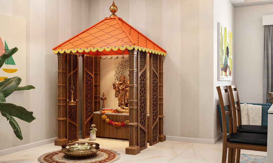 Pooja mandir, crafted from wood or marble, reflects traditional Indian furniture in modern design.