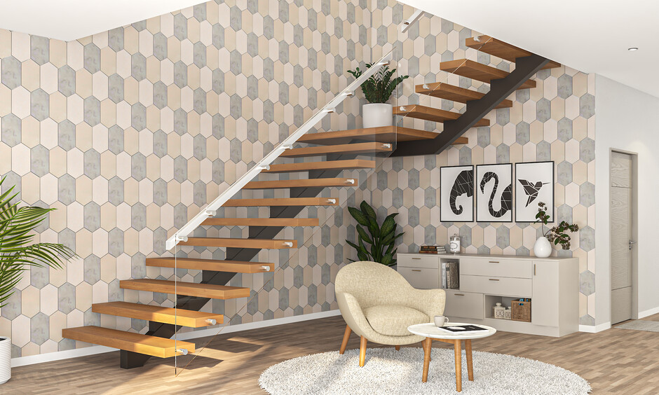 Staircase wall with artistic dado tiles in geometric patterns for a bold look