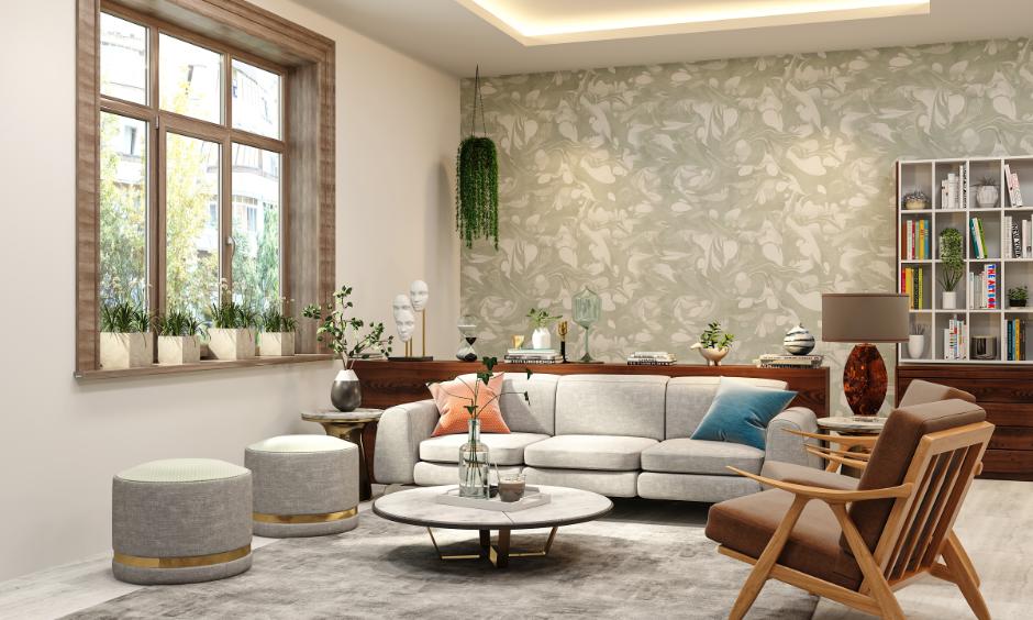 Modern living room with floral wallpaper and smooth textures like glass and wood