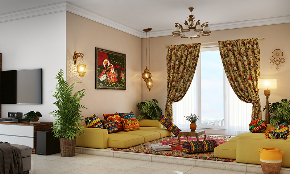 Traditional Indian furniture features a takht table with gaddis, blending heritage with modern living.