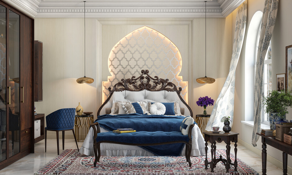 Regal Maharaja-style traditional bed design with ornate headboard and luxe textures.
