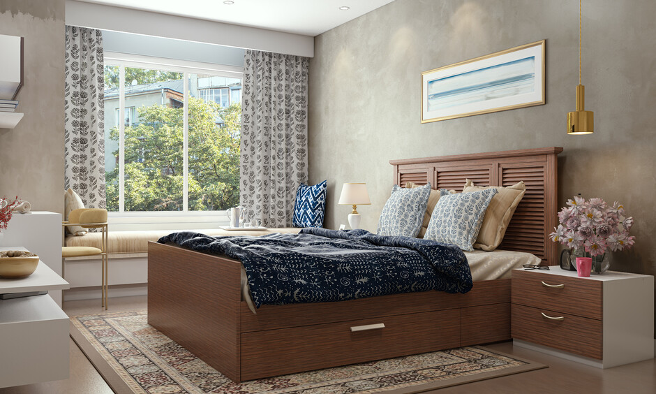 Indigo block-printed bed linen highlights exquisite traditional bedroom decor.