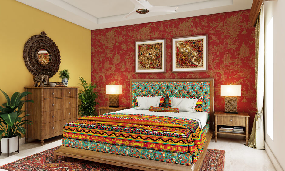Traditional master bedroom design with hand-carved decor, wooden lamps, and cultural motifs.