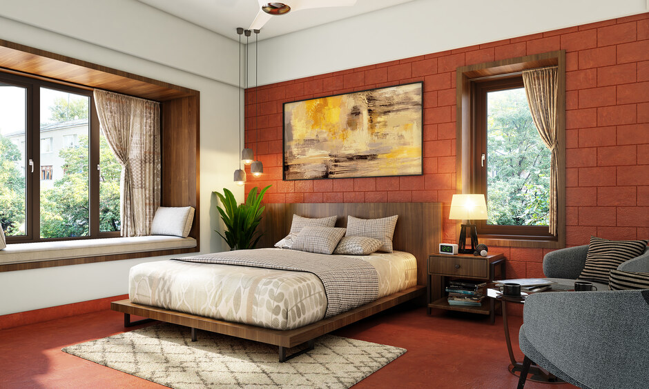 Traditional style bedroom with nostalgic red oxide flooring, combining charm and eco-friendliness.