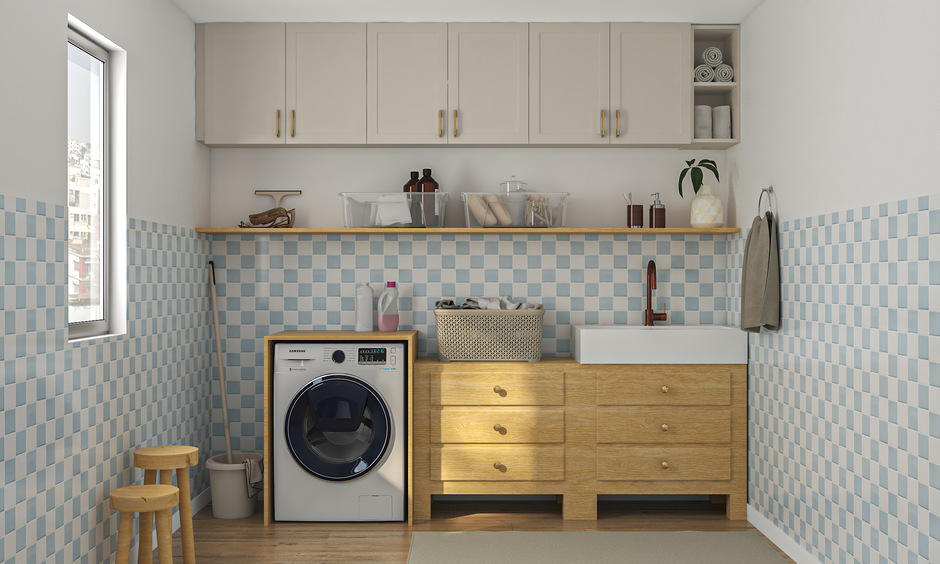 Clean and functional utility room with light matte dado tiles