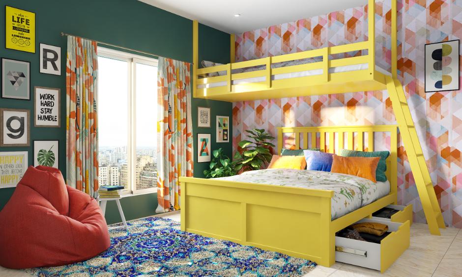 Kids' bedroom with bold green walls, geometric wallpaper, and colourful furniture.