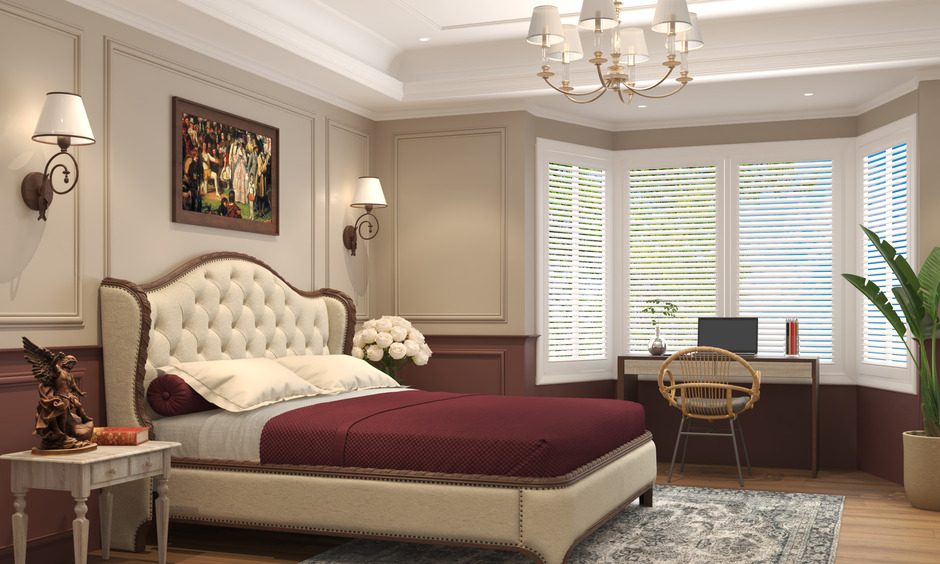 Timeless traditional bedroom design with vibrant colours, wooden textures, and elegant decor.