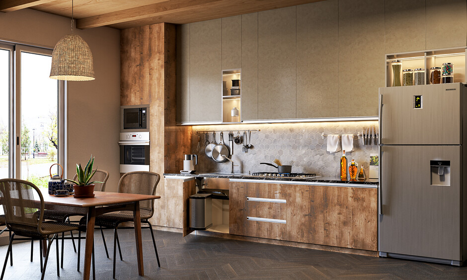 Rustic straight kitchen design with spacious storage cabinets